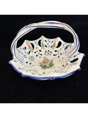 Vintage RCCL Portugal Reticulated Floral Basket Hand Painted Centerpiece 10"